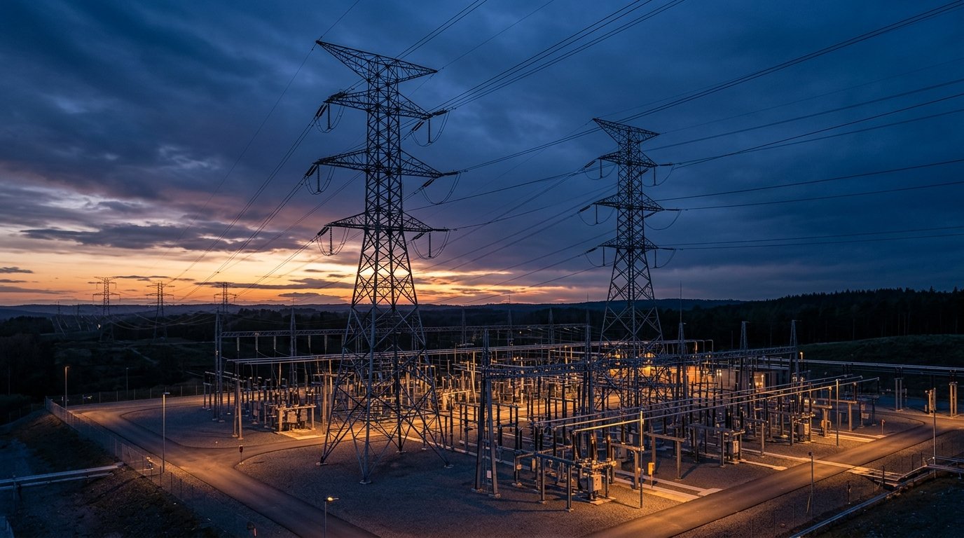 High-voltage power transmission towers and electrical grid substation at dusk